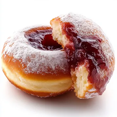 soft, fluffy, tempting, delicious round Polish doughnut, overfilled with rose jam, halved, on a white background