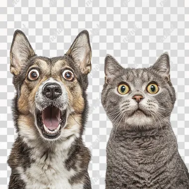 a stock photo of a dog and a cat side by side looking surprised, white background