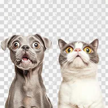 a stock photo of a dog and a cat side by side looking surprised, white background