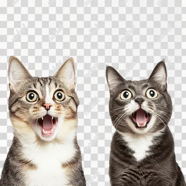 a stock photo of a dog and a cat side by side looking surprised, white background