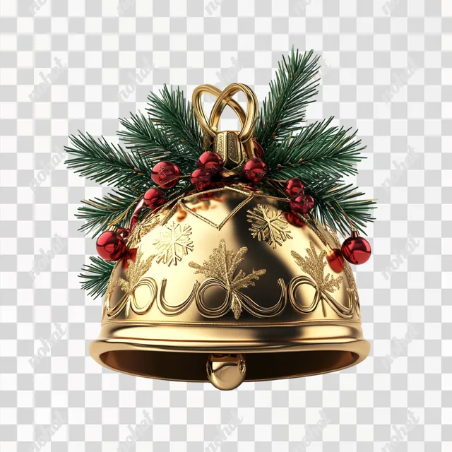 PNG 3D Christmas Bell with Holly and Red Berries for Holiday Decor