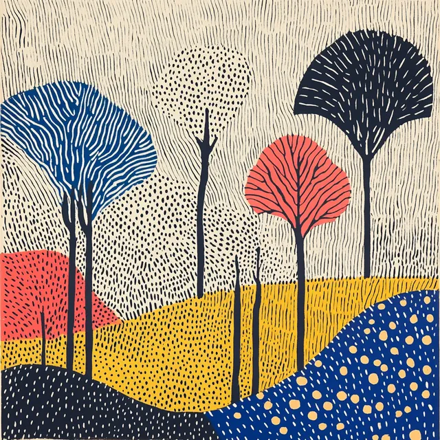 Trees in a lush garden field under clear blue skies, serene setting