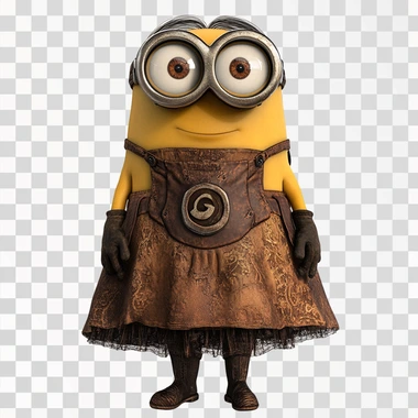 a minion wearing the exact M3GAN brown dress from the movie with a transparent background