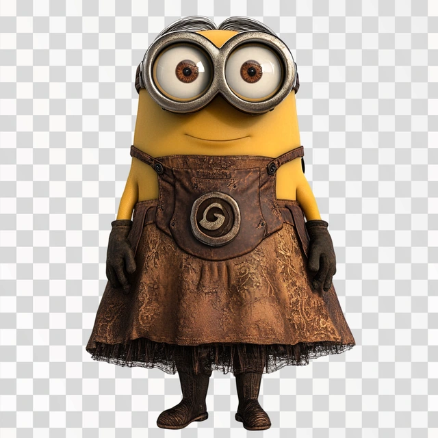 a minion wearing the exact M3GAN brown dress from the movie 