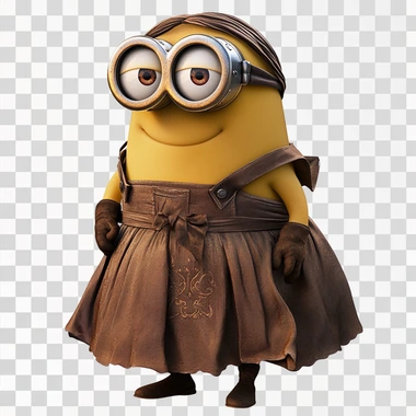 a minion wearing the exact M3GAN brown dress from the movie with a transparent background