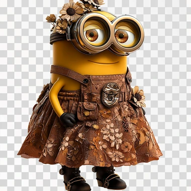 a minion wearing the exact M3GAN brown dress from the movie with a transparent background