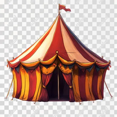 Draw me a circus tent that symbolizes a marketing campaign, I want the background to be white, Illustration in a modern cartoon style, 3:2