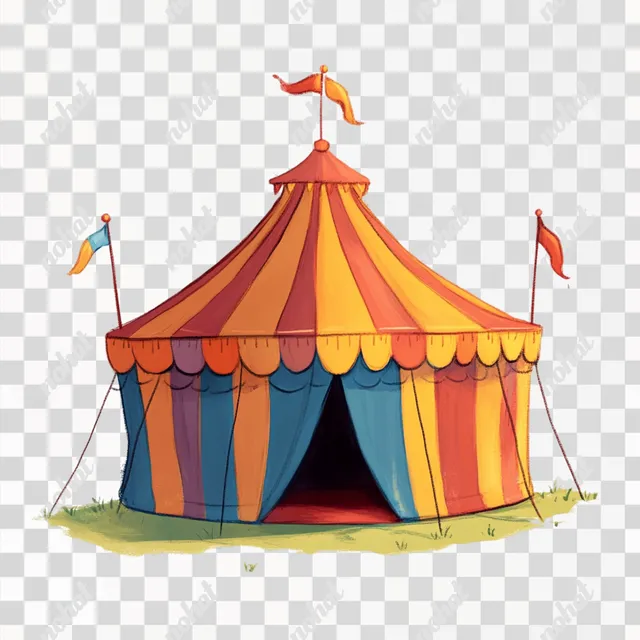a circus tent with flags and a flagpole