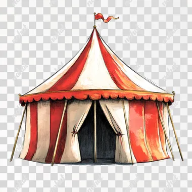 Draw me a circus tent that symbolizes a marketing campaign, I want the background to be white, Illustration in a modern cartoon style, 3:2