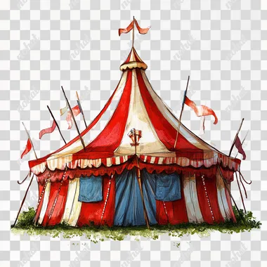 Draw me a circus tent that symbolizes a marketing campaign, I want the background to be white, Illustration in a modern cartoon style, 3:2
