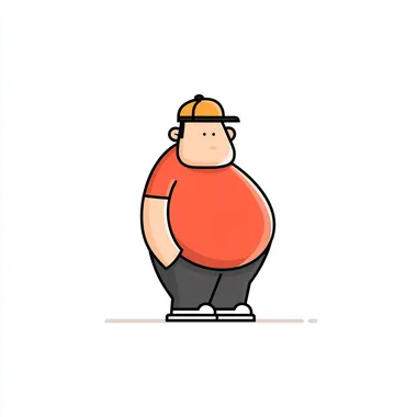 An obese, pot-bellied man on a white background in a simple line drawing style. This is a vector illustration with a close-up shot in a flat design style featuring 2D cartoon characters, bold lines, highly saturated colors and bright lights. --s 50   6mpy2l6
