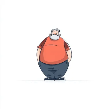 An obese, pot-bellied man on a white background in a simple line drawing style. This is a vector illustration with a close-up shot in a flat design style featuring 2D cartoon characters, bold lines, highly saturated colors and bright lights. --s 50   6mpy2l6