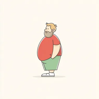 An obese, pot-bellied man on a white background in a simple line drawing style. This is a vector illustration with a close-up shot in a flat design style featuring 2D cartoon characters, bold lines, highly saturated colors and bright lights. --s 50   6mpy2l6
