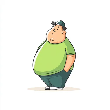 An obese, pot-bellied man on a white background in a simple line drawing style. This is a vector illustration with a close-up shot in a flat design style featuring 2D cartoon characters, bold lines, highly saturated colors and bright lights. --s 50   6mpy2l6