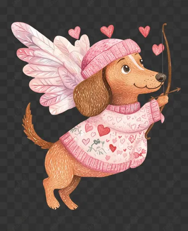 Cute dachshund in a pink sweater and a hat with hearts, with cupid wings holding a bow and arrow, floating in the air, full-length shot, flat illustration, pastel colors, watercolor, white background, in the style of Felice Casorati, Tracey Grimwood and Mary Blair.