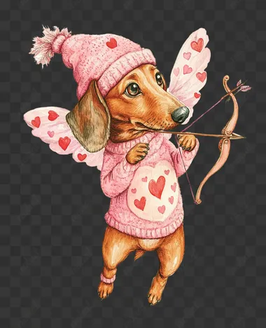 Cute dachshund in a pink sweater and a hat with hearts, with cupid wings holding a bow and arrow, floating in the air, full-length shot, flat illustration, pastel colors, watercolor, white background, in the style of Felice Casorati, Tracey Grimwood and Mary Blair.