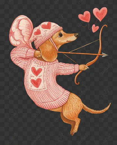 Cute dachshund in a pink sweater and a hat with hearts, with cupid wings holding a bow and arrow, floating in the air, full-length shot, flat illustration, pastel colors, watercolor, white background, in the style of Felice Casorati, Tracey Grimwood and Mary Blair.