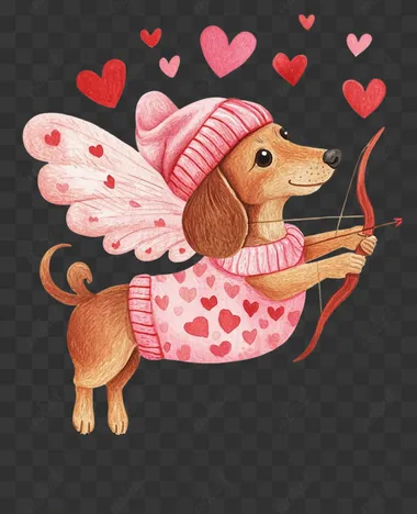 Cute dachshund in a pink sweater and a hat with hearts, with cupid wings holding a bow and arrow, floating in the air, full-length shot, flat illustration, pastel colors, watercolor, white background, in the style of Felice Casorati, Tracey Grimwood and Mary Blair.