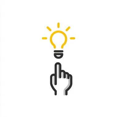 A minimalist concept illustration on a pure white background featuring a single human finger pointing upward. Above the fingertip, a stylized light bulb is drawn in bright yellow line art, with simple rays radiating outward. The overall style is clean and modern, with high contrast between the white background and the yellow bulb, conveying a clear idea of inspiration or a bright idea. rofile ifjukz9