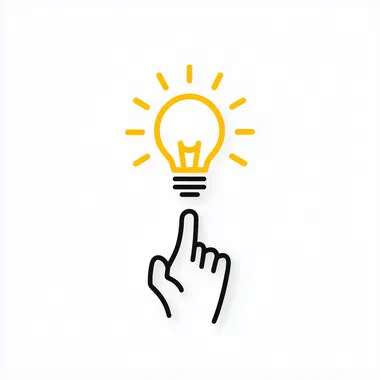 A minimalist concept illustration on a pure white background featuring a single human finger pointing upward. Above the fingertip, a stylized light bulb is drawn in bright yellow line art, with simple rays radiating outward. The overall style is clean and modern, with high contrast between the white background and the yellow bulb, conveying a clear idea of inspiration or a bright idea. rofile ifjukz9