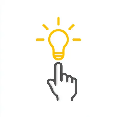 A minimalist concept illustration on a pure white background featuring a single human finger pointing upward. Above the fingertip, a stylized light bulb is drawn in bright yellow line art, with simple rays radiating outward. The overall style is clean and modern, with high contrast between the white background and the yellow bulb, conveying a clear idea of inspiration or a bright idea. rofile ifjukz9