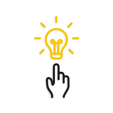 A minimalist concept illustration on a pure white background featuring a single human finger pointing upward. Above the fingertip, a stylized light bulb is drawn in bright yellow line art, with simple rays radiating outward. The overall style is clean and modern, with high contrast between the white background and the yellow bulb, conveying a clear idea of inspiration or a bright idea. rofile ifjukz9