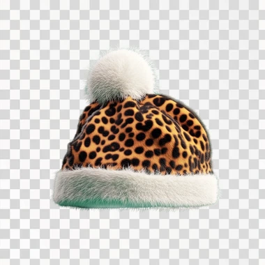 Leopard color Christmas hat with white pompom, green background, 3 d illustration