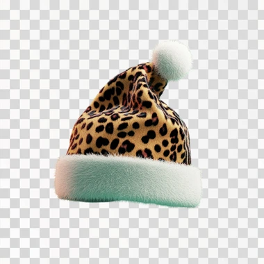Leopard color Christmas hat with white pompom, green background, 3 d illustration