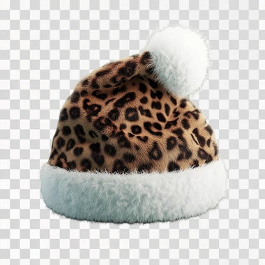 Leopard color Christmas hat with white pompom, green background, 3 d illustration