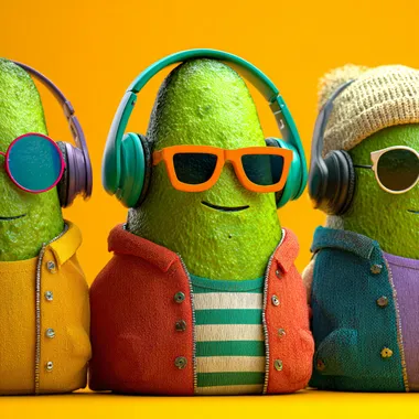 funny avacodes wearing headphone on solid backgrouns