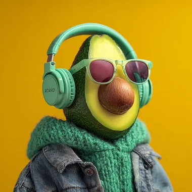 funny avacodes wearing headphone on solid backgrouns
