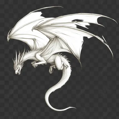 a realistic dragon flying down, tail up, head below, white background, sketch style