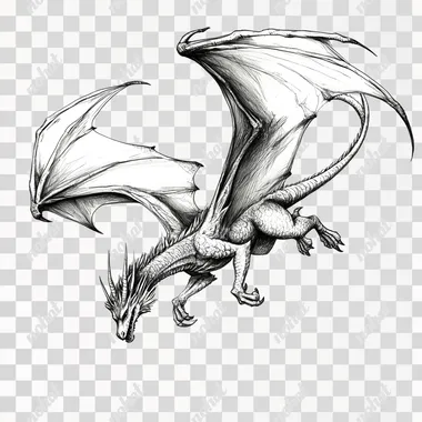 a realistic dragon flying down, tail up, head below, white background, sketch style