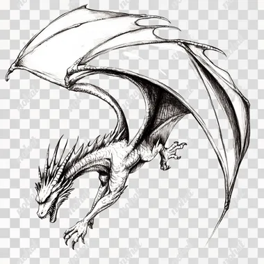 a realistic dragon flying down, tail up, head below, white background, sketch style