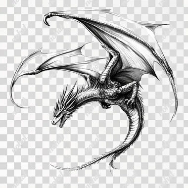a realistic dragon flying down, tail up, head below, white background, sketch style