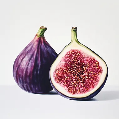 Two ripe figs placed closely together on a pure white background, one fig is whole with a natural, textured skin, and the other is sliced in half to showcase its rich pink interior with visible seeds and natural juice glistening under soft, diffused lighting, creating a highly realistic and detailed look --s 50