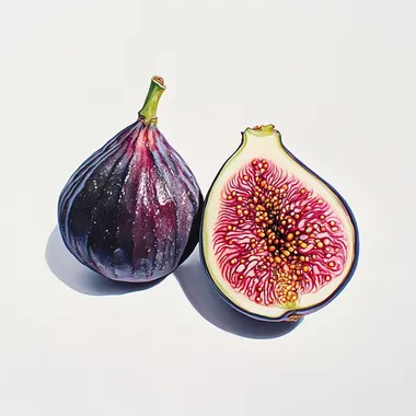 Two ripe figs placed closely together on a pure white background, one fig is whole with a natural, textured skin, and the other is sliced in half to showcase its rich pink interior with visible seeds and natural juice glistening under soft, diffused lighting, creating a highly realistic and detailed look --s 50