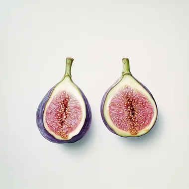 Two ripe figs placed closely together on a pure white background, one fig is whole with a natural, textured skin, and the other is sliced in half to showcase its rich pink interior with visible seeds and natural juice glistening under soft, diffused lighting, creating a highly realistic and detailed look --s 50