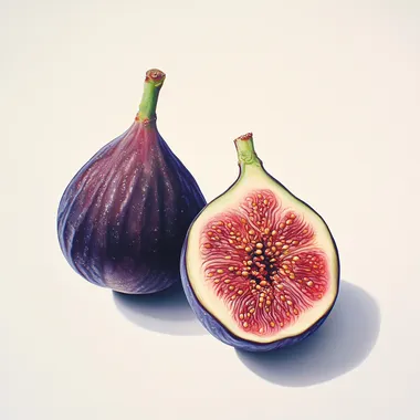 Two ripe figs placed closely together on a pure white background, one fig is whole with a natural, textured skin, and the other is sliced in half to showcase its rich pink interior with visible seeds and natural juice glistening under soft, diffused lighting, creating a highly realistic and detailed look --s 50