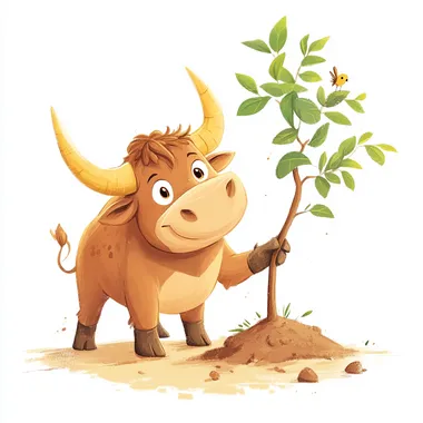 an ancient Greek bull cartoon character planting a tree. In a style perfect for a children's book.
