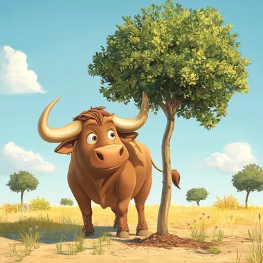 an ancient Greek bull cartoon character planting a tree. In a style perfect for a children's book.