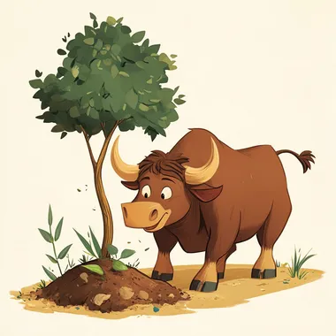 an ancient Greek bull cartoon character planting a tree. In a style perfect for a children's book.