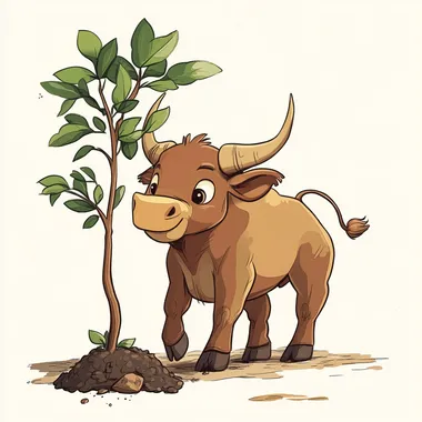 an ancient Greek bull cartoon character planting a tree. In a style perfect for a children's book.