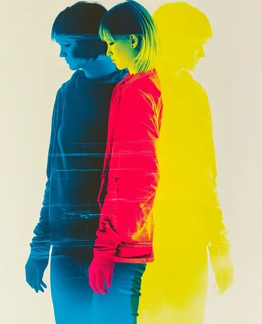 collage art in the style of Hannah Hch, with a vibrant color scheme, and wearing in different colors: a woman with pink hair, a person with red arm gloves, a man with green eyes, a woman in a black hooded garment, and a man in a blue shirt, all against a white background, in the style of Francis Bacon. The artwork is a risograph-printed portraiture on the artist's paper, with 3D-printed fashion design, and a few plants, in the style of Richard Avedon and Hiroshi Nagai.