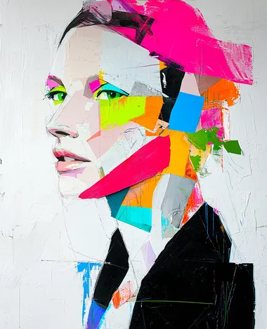 collage art in the style of Hannah Hch, with a vibrant color scheme, and wearing in different colors: a woman with pink hair, a person with red arm gloves, a man with green eyes, a woman in a black hooded garment, and a man in a blue shirt, all against a white background, in the style of Francis Bacon. The artwork is a risograph-printed portraiture on the artist's paper, with 3D-printed fashion design, and a few plants, in the style of Richard Avedon and Hiroshi Nagai.
