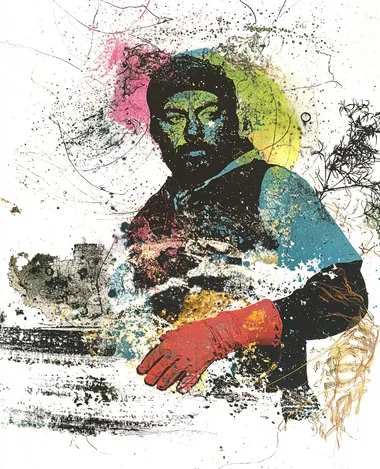 collage art in the style of Hannah Hch, with a vibrant color scheme, and wearing in different colors: a woman with pink hair, a person with red arm gloves, a man with green eyes, a woman in a black hooded garment, and a man in a blue shirt, all against a white background, in the style of Francis Bacon. The artwork is a risograph-printed portraiture on the artist's paper, with 3D-printed fashion design, and a few plants, in the style of Richard Avedon and Hiroshi Nagai.