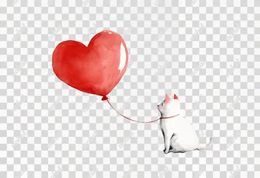 Cute watercolor kitten holding a heart-shaped balloon, children watercolor book style on white background    spw6ndp