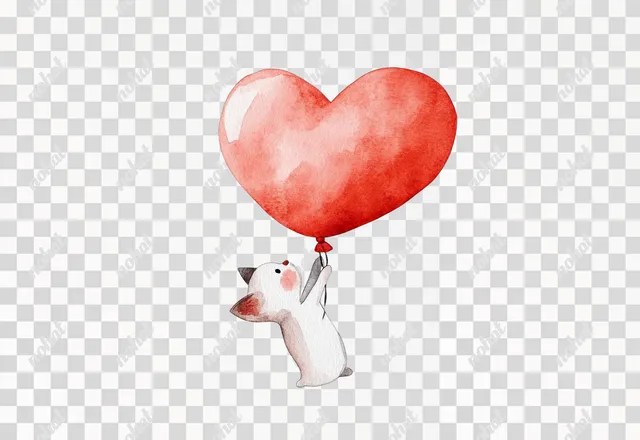 PNG Cute watercolor dog in a living room holding a heart-shaped balloon