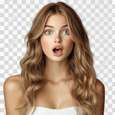 a beautiful white young light brown haired woman hair looking at us surprised, photo realistic, neutral, isolated background, ar--4:3