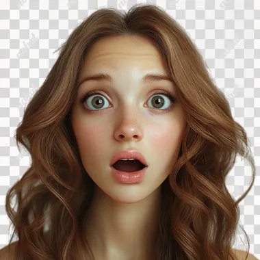a beautiful white young light brown haired woman hair looking at us surprised, photo realistic, neutral, isolated background, ar--4:3
